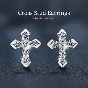 925 Sterling Silver Moissanite Cross Stud Earrings For Women Shiny Diamond Look Religious D Color VVS1 Fashion Jewelry