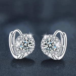 Elegant S925 silver sunflower moissanite halo hoop earrings on luxury blue jewelry display