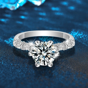Classic 6-prong 925 sterling silver ring with 2ct round moissanite and side accents