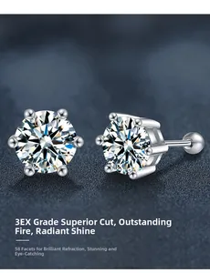 Detail of 3EX cut moissanite silver earrings showing 58 facets and six-prong setting