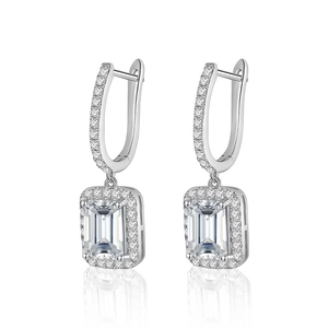 Elegant 925 sterling silver radiant cut moissanite halo earrings with long U-shaped clasps