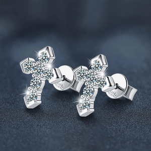Cross moissanite stud earrings in S925 sterling silver with sparkling gemstones