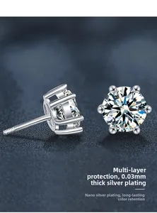 Macro detail of S925 silver six-claw moissanite stud earrings with 0.03mm plating layer
