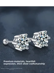 Macro view of S925 sterling silver six-prong moissanite stud earrings with screw backs