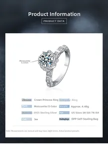 Spécifications détaillées de bague couronne en argent S925 avec moissanite 1ct couleur D