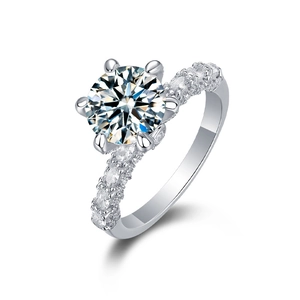 Classic 925 sterling silver 2 carat moissanite ring with six-prong setting and side stones
