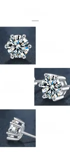 Macro shot of 925 silver moissanite stud earring with classic six-prong setting and polish