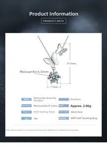 Vue détaillée du collier papillon en argent S925 avec pendentif moissanite et dimensions