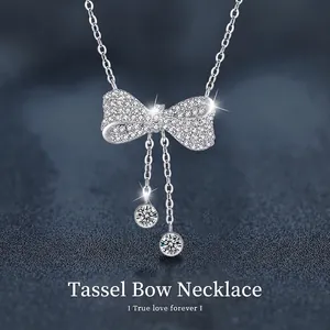 925 Sterling Silver Moissanite Bow Tassel Necklace For Women Elegant Bowknot Pendant D Color VVS1 Moissanite Jewelry Gift