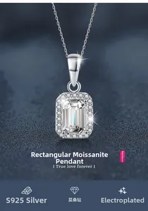 Macro shot of rectangular moissanite pendant on S925 sterling silver chain necklace
