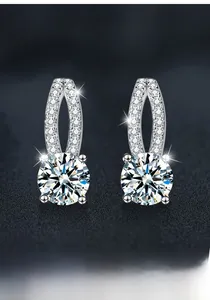Detailed view of round-cut moissanite earrings in classic 4-prong S925 silver setting