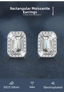 Macro detail of emerald-cut moissanite earrings with halo set in S925 sterling silver