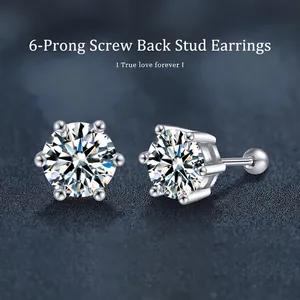 Classic Six-Prong Moissanite Stud Earrings 925 Sterling Silver Ball Screw Back Round Brilliant Cut Elegant Jewelry For Women