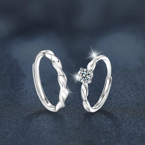 S925 sterling silver twisted moissanite couple rings with adjustable open design