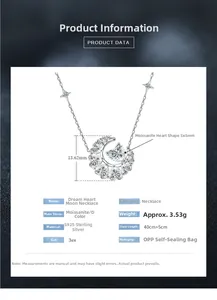 Dimensions du collier en argent S925 avec pendentif lune et cœur en moissanite brillant