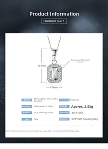 Detailed size chart and specifications for S925 silver rectangle moissanite necklace