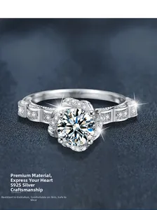 Gros plan sur la bague couronne en argent S925 avec moissanite ronde à six griffes