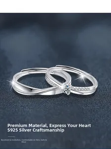 Macro detail of S925 sterling silver Mobius couple rings with sparkling moissanite stones