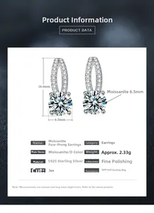 Macro detail of Moissanite S925 silver stud earrings with 6.5mm D color stone dimensions