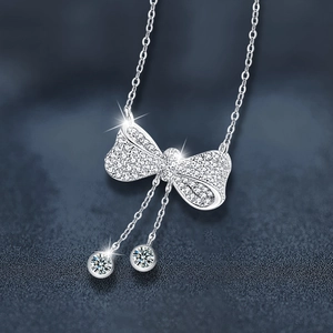 Moissanite 925 silver necklace with bow pendant, sparkling fringe tassels and round stones