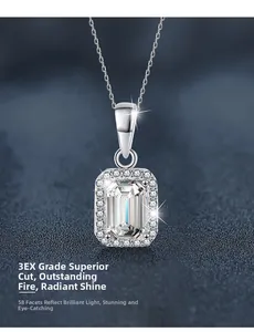 Macro detail of emerald cut moissanite pendant with 3EX cut and 58 facets in S925 silver