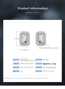 Detailed specs of S925 silver emerald-cut Moissanite studs with 5x7mm D-color stone