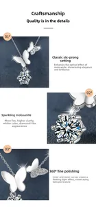 Détail macro du collier papillon en argent 925 montrant le sertissage du moissanite à six griffes