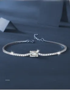 Macro detail of S925 sterling silver bracelet showing emerald cut stone with 3EX grade sparkle