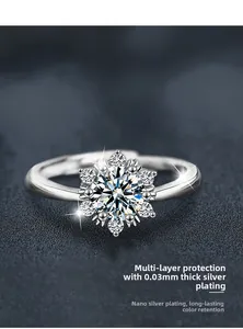 Détail macro de la bague flocon en argent avec zircons brillants et placage nano argent
