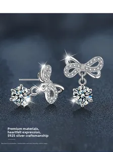 Macro de boucles d'oreilles nœud en argent 925 avec pierre moissanite taille brillant