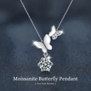 Collier Papillon en Argent Sterling 925 Moissanite Élégant Chaîne de Clavicule Avec Pendentif Incrusté Taille Ronde à Six Griffes pour Femme Bijoux