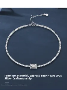 Detailed macro view of S925 sterling silver tennis bracelet with emerald cut center stone