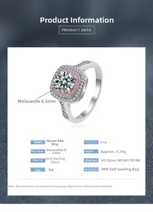 Spécifications détaillées pour bague en argent S925 avec moissanite de 6,5 mm