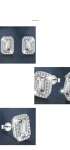 Macro detail of emerald cut moissanite stud earrings in silver four-claw setting
