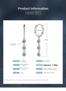 Detailed spec sheet showing S925 silver moissanite tassel earrings dimensions and 3EX D color grade
