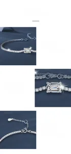 Detail of S925 silver moissanite bracelet featuring classic four-prong emerald cut setting