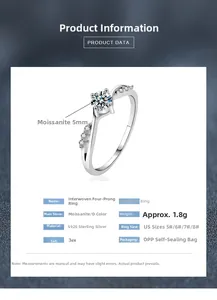 Spécifications de la bague en argent 925 avec moissanite de couleur D et détails techniques