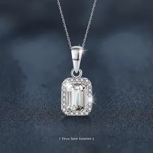 1 Carat Emerald Cut Moissanite Pendant Necklace For Women 925 Sterling Silver Halo Clavicle Chain Fashion Luxury Jewelry Gift