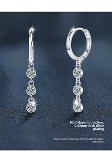 Detail of 925 silver moissanite tassel earrings with nano plating for long-lasting color