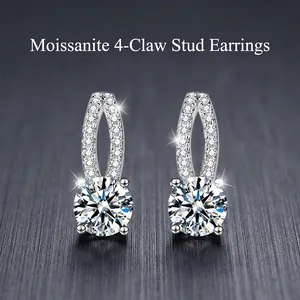 Luxury Moissanite Stud Earrings Sterling Silver Pave Rhinestone Four Prong Round Geometric Earring For Women Jewelry Gift