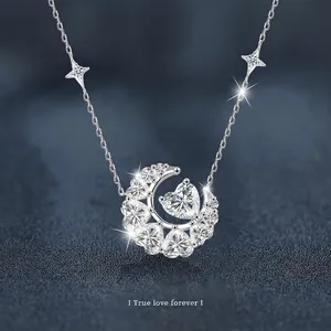 Collier en Argent Sterling 925 Moissanite Étoile Lune pour Femme Pendentif Cœur Couleur D VVS1 Chaîne de Clavicule Bijoux avec Certificat GRA