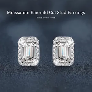 Luxury Emerald Cut Moissanite Stud Earrings 925 Sterling Silver Post 1 Carat Rectangular Halo Earrings For Women White Gold Plated Jewelry