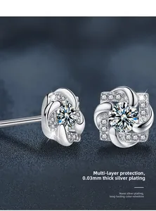 Macro shot of silver windmill stud earring with moissanite stones and nanocoating details