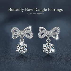 Boucles d'Oreilles Clous Nœud Papillon en Argent Sterling 925 Moissanite Coupe Brillante Ronde Bijoux de Mode Élégants pour Femmes