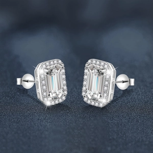 Elegant 925 sterling silver moissanite stud earrings with emerald cut halo design