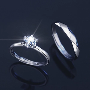 Bagues de couple en argent S925 avec moissanite à six griffes et anneau géométrique