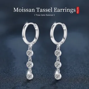 925 Sterling Silver Moissanite Tassel Earrings D Color VVS1 Round Cut Dainty Huggie Hoop Earrings For Women Fine Jewelry Gift