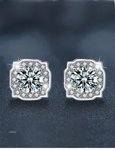 Macro shot of square Moissanite earrings in S925 silver with 3EX cut stones