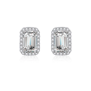 Classic emerald-cut moissanite stud earrings in 925 sterling silver with halo diamonds