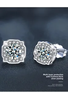 Macro detail of square halo stud earrings with 0.03mm thick silver plating and nano-coating